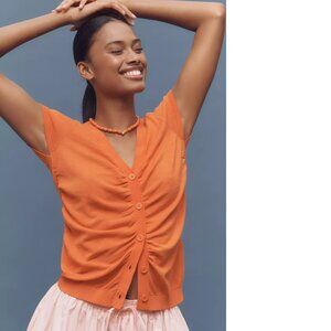 By Anthropologie Cardigan Ruched Short-Sleeve V-Neck Sweater size S new nwt